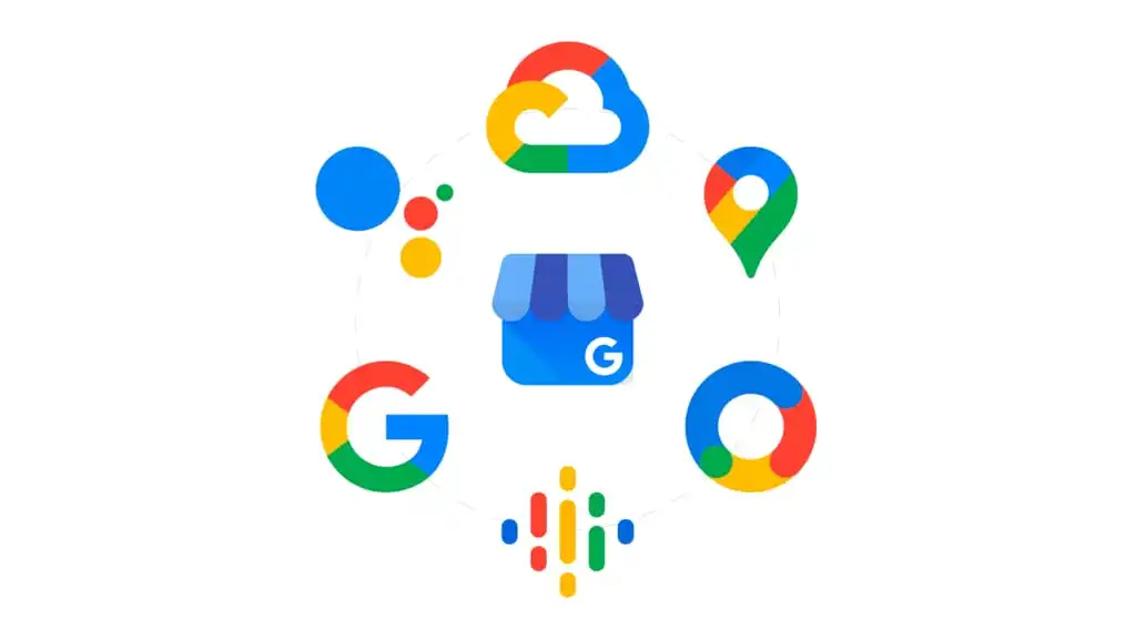 Ilustração com alguns símbolo do Google como o logo, Google Maps, Google Meu Negócio.